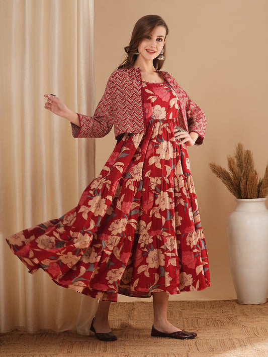 Floral & Printed A-Line Tiered Maxi Dress with Chevron Printed Jacket - Maroon