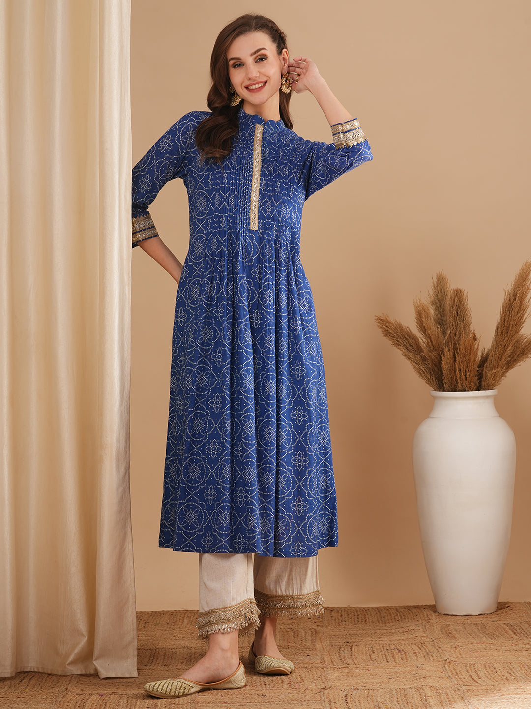 Bandhani Printed & Embroidered A-Line Pleated Midi Dress - Blue