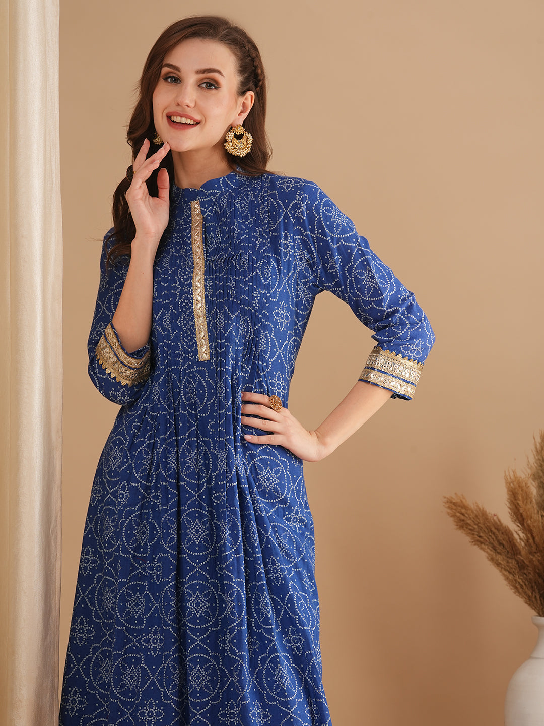 Bandhani Printed & Embroidered A-Line Pleated Midi Dress - Blue