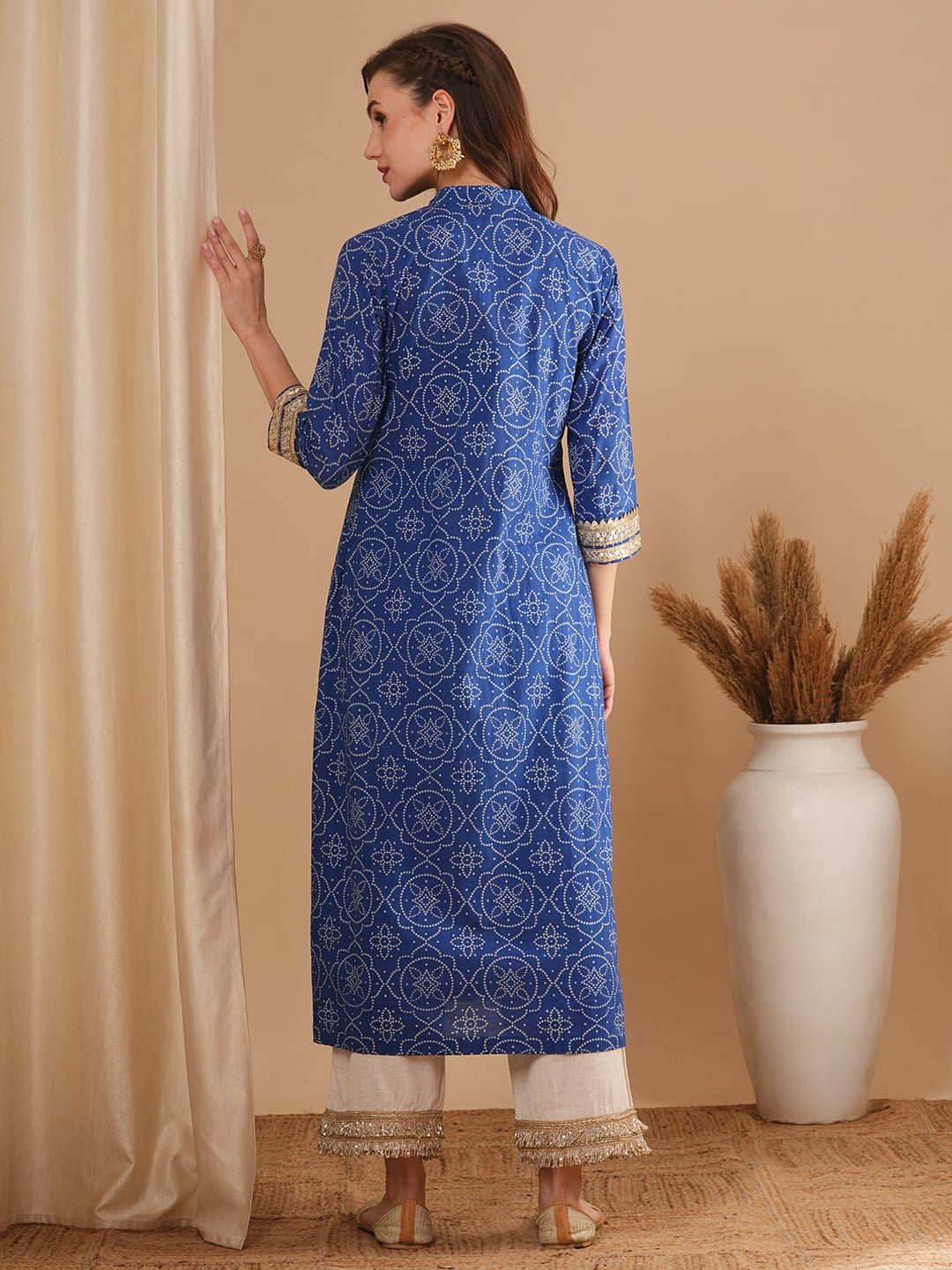 Bandhani Printed & Embroidered A-Line Pleated Midi Dress - Blue