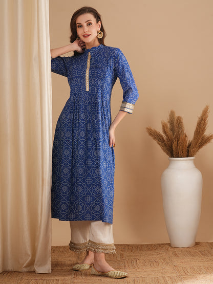 Bandhani Printed & Embroidered A-Line Pleated Midi Dress - Blue