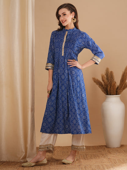 Bandhani Printed & Embroidered A-Line Pleated Midi Dress - Blue