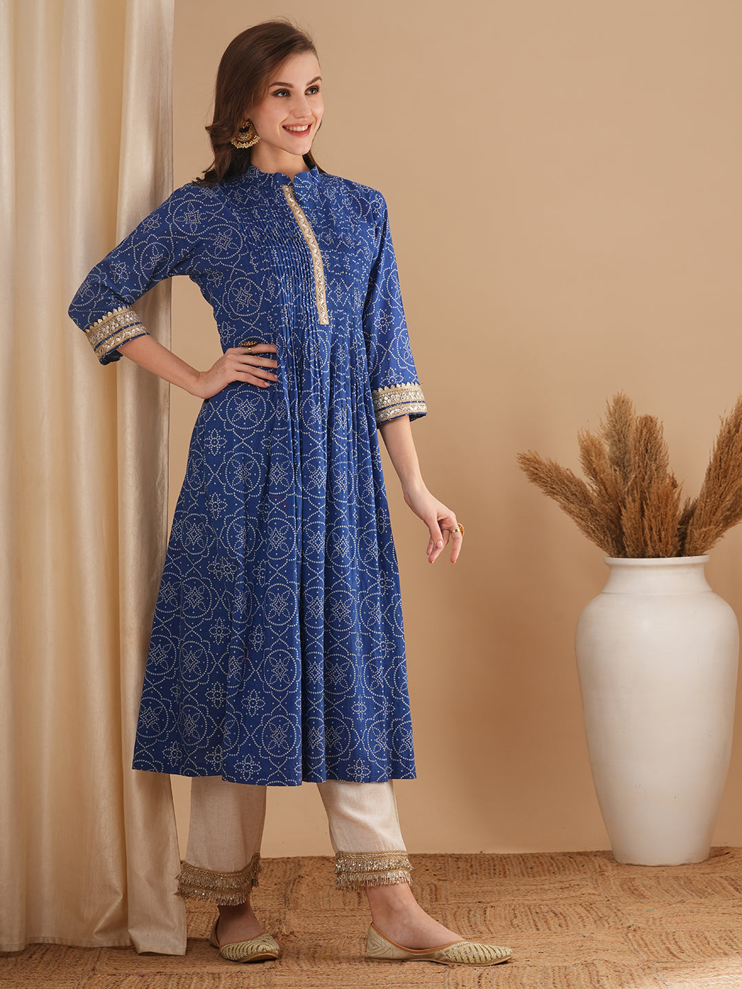 Bandhani Printed & Embroidered A-Line Pleated Midi Dress - Blue