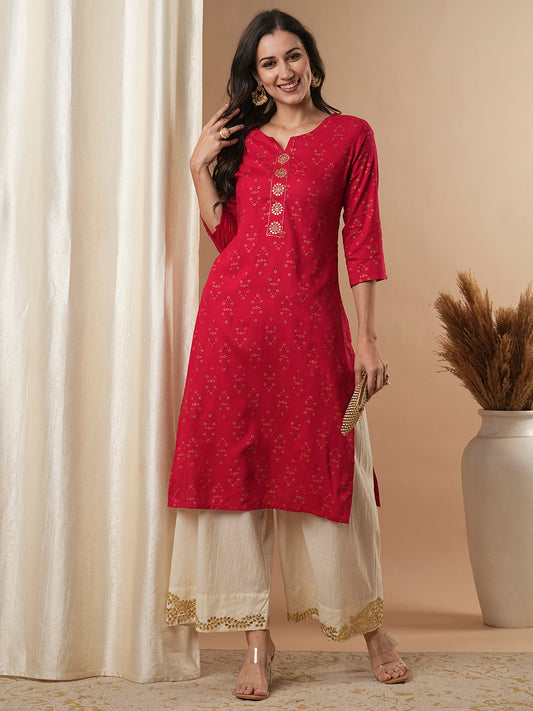 Ethnic Foil Printed & Embroidered Straight Fit Kurta - Pink