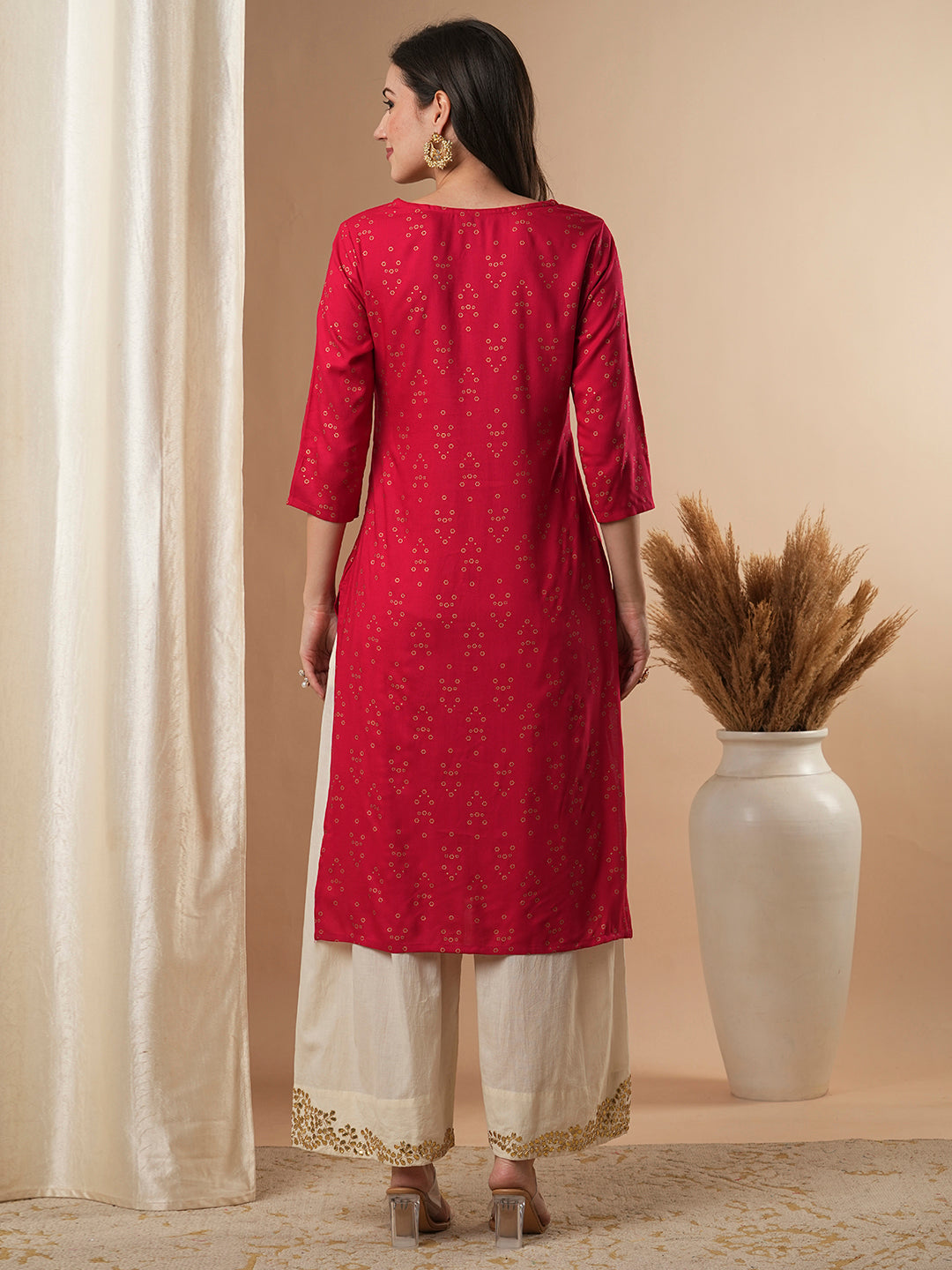 Ethnic Foil Printed & Embroidered Straight Fit Kurta - Pink