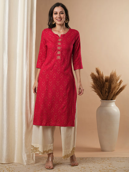 Ethnic Foil Printed & Embroidered Straight Fit Kurta - Pink