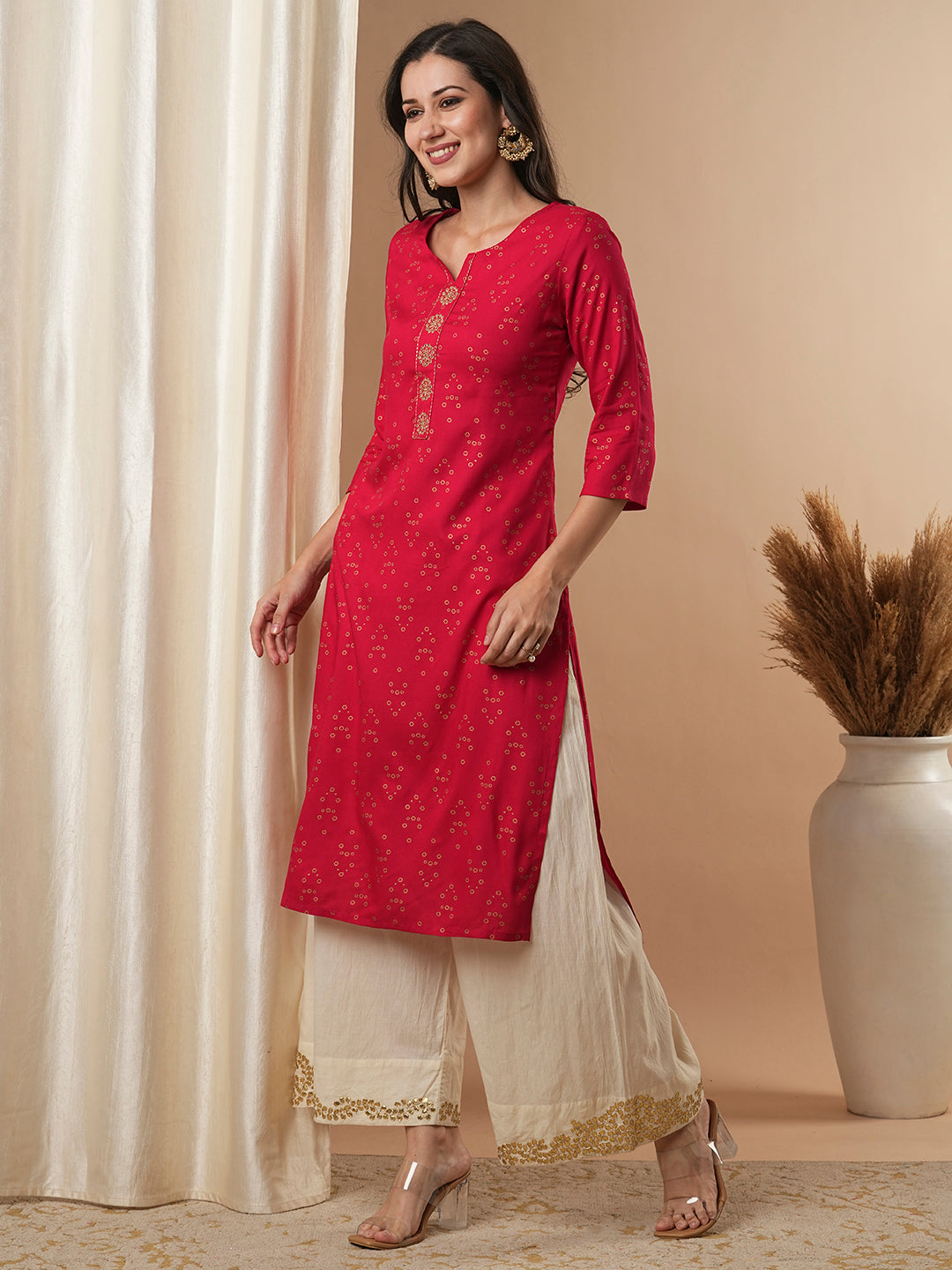 Ethnic Foil Printed & Embroidered Straight Fit Kurta - Pink