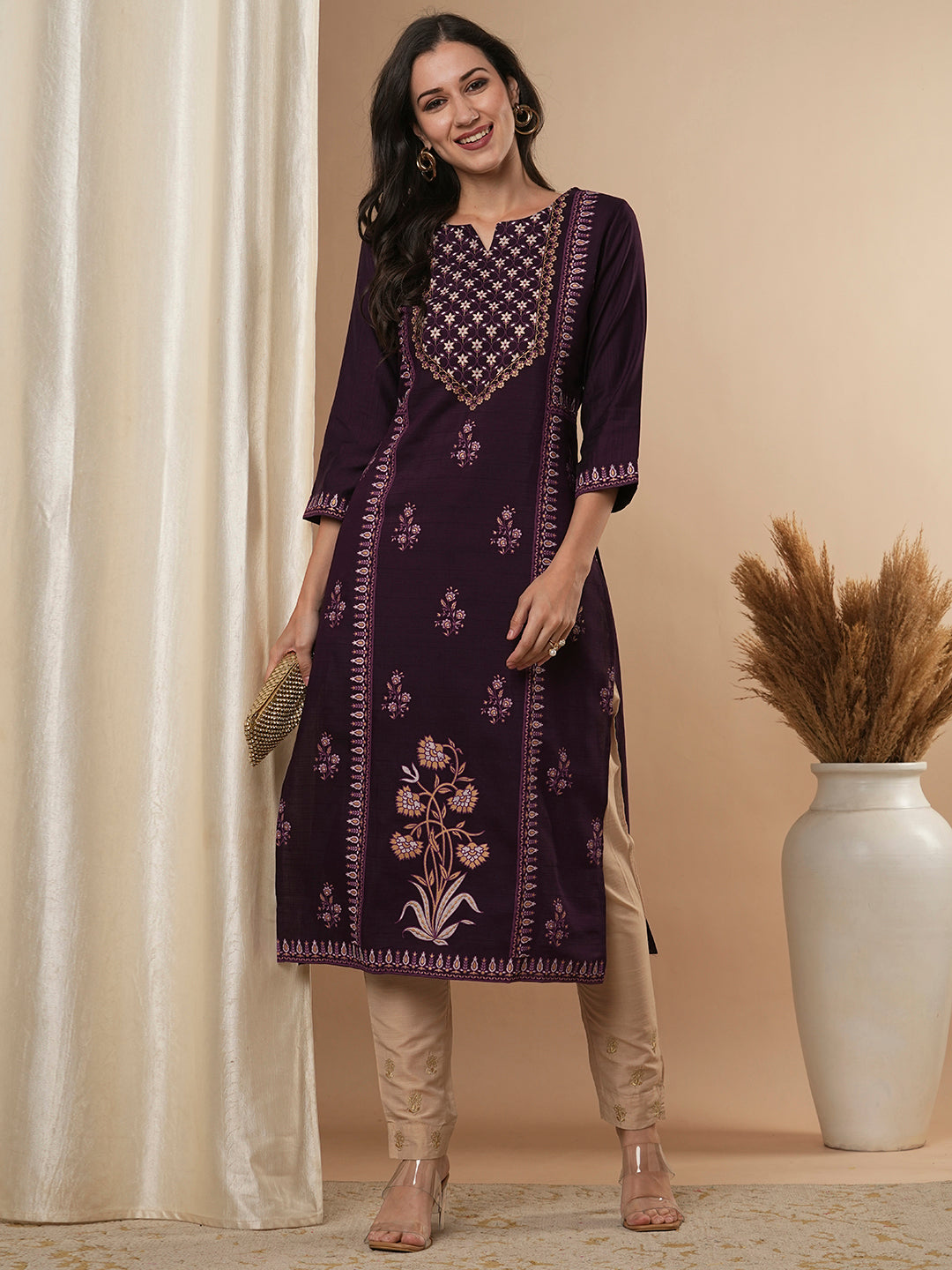 Ethnic Foil Printed Straight Fit Kurta - Purple