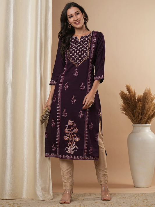 Ethnic Foil Printed Straight Fit Kurta - Purple