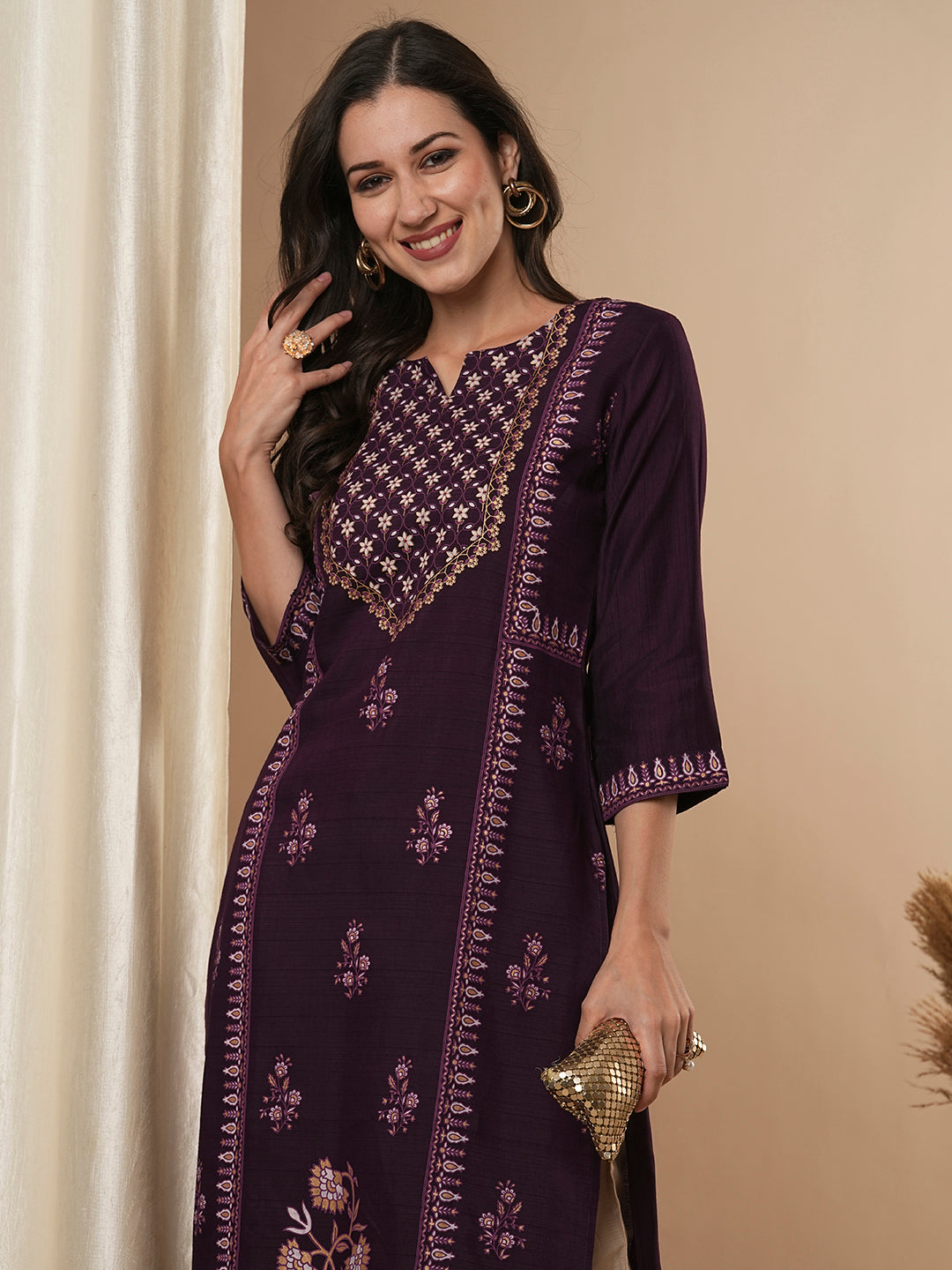 Ethnic Foil Printed Straight Fit Kurta - Purple