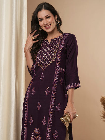 Ethnic Foil Printed Straight Fit Kurta - Purple