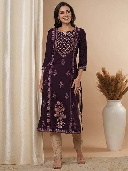 Ethnic Foil Printed Straight Fit Kurta - Purple