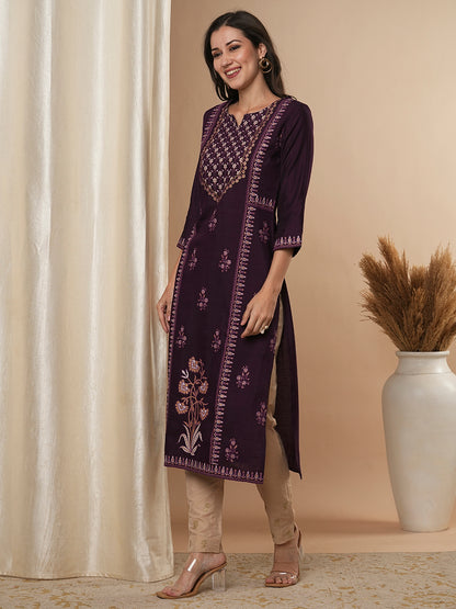 Ethnic Foil Printed Straight Fit Kurta - Purple