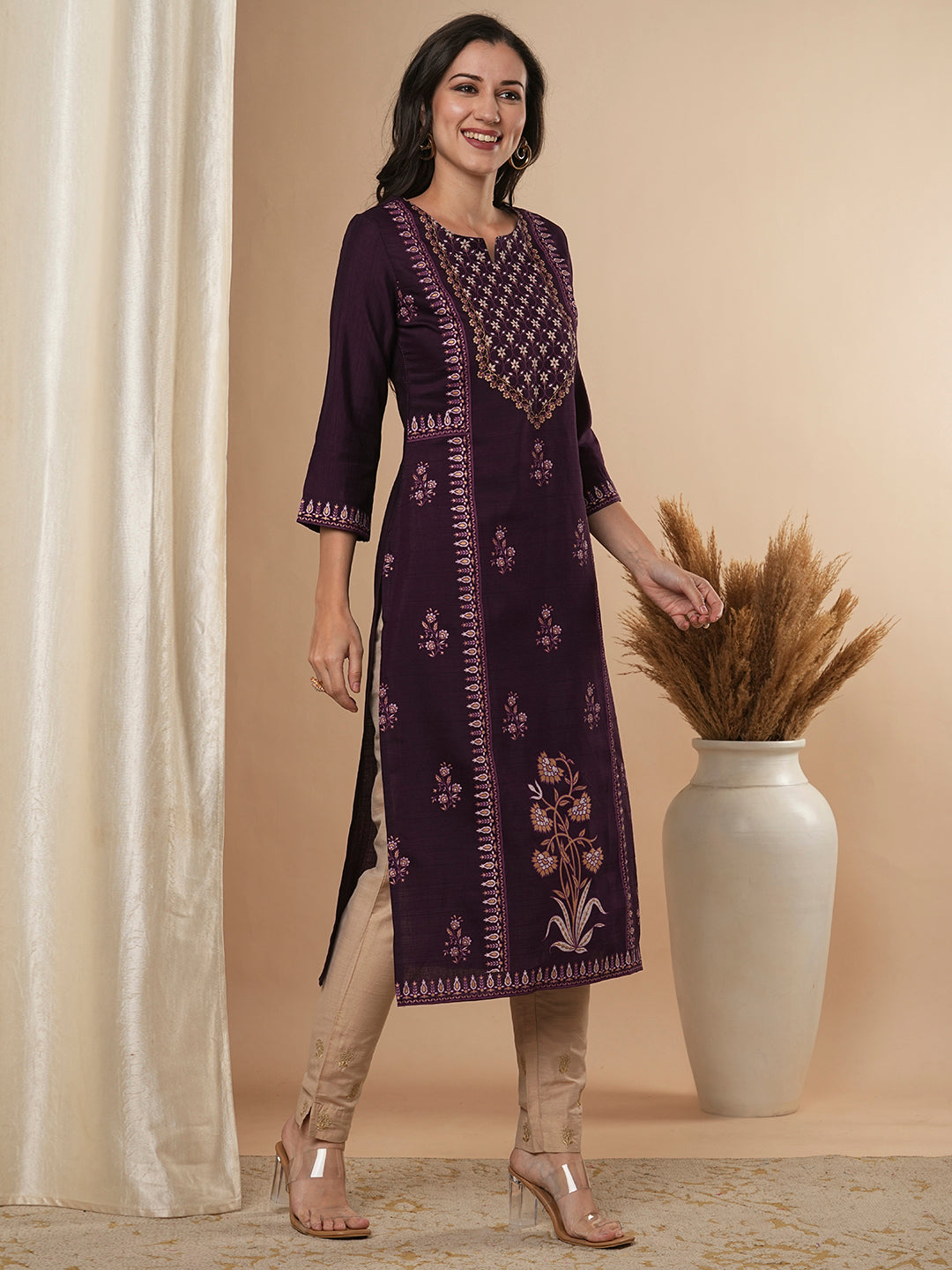 Ethnic Foil Printed Straight Fit Kurta - Purple