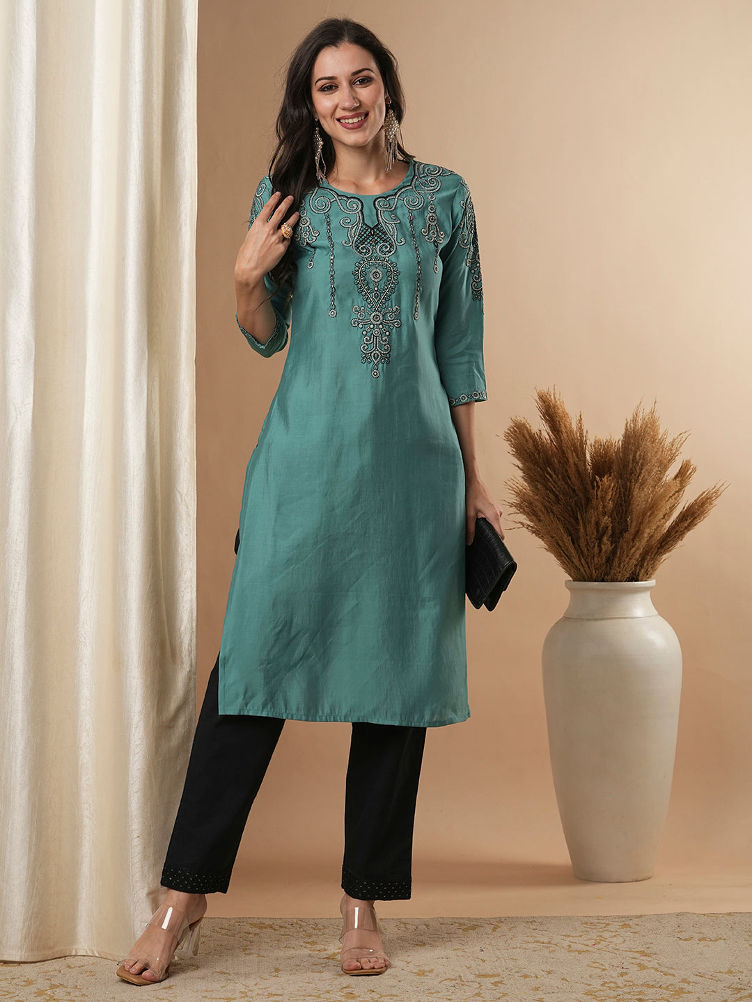 Solid Ethnic Embroidered Straight Fit Kurta - Turquoise Blue