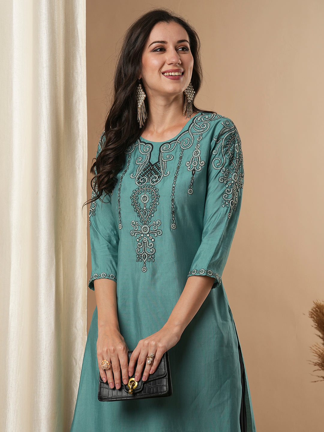 Solid Ethnic Embroidered Straight Fit Kurta - Turquoise Blue