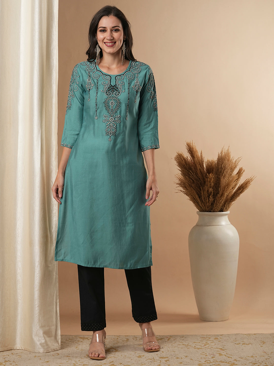 Solid Ethnic Embroidered Straight Fit Kurta - Turquoise Blue