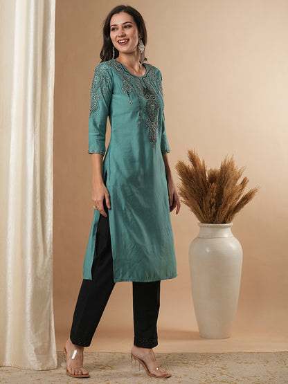 Solid Ethnic Embroidered Straight Fit Kurta - Turquoise Blue