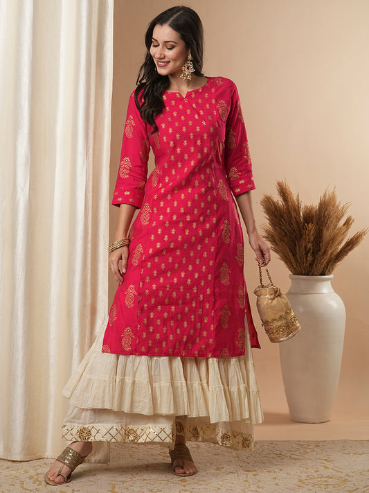 Ethnic Foil Printed Straight Fit Kurta - Pink