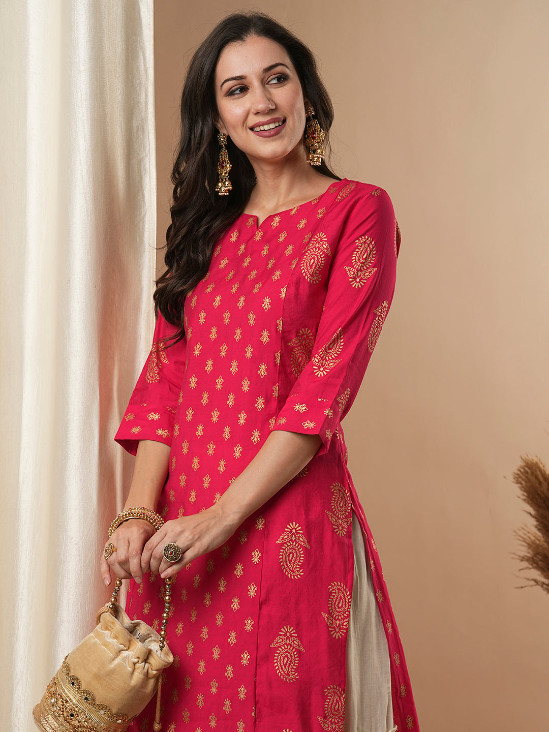 Ethnic Foil Printed Straight Fit Kurta - Pink