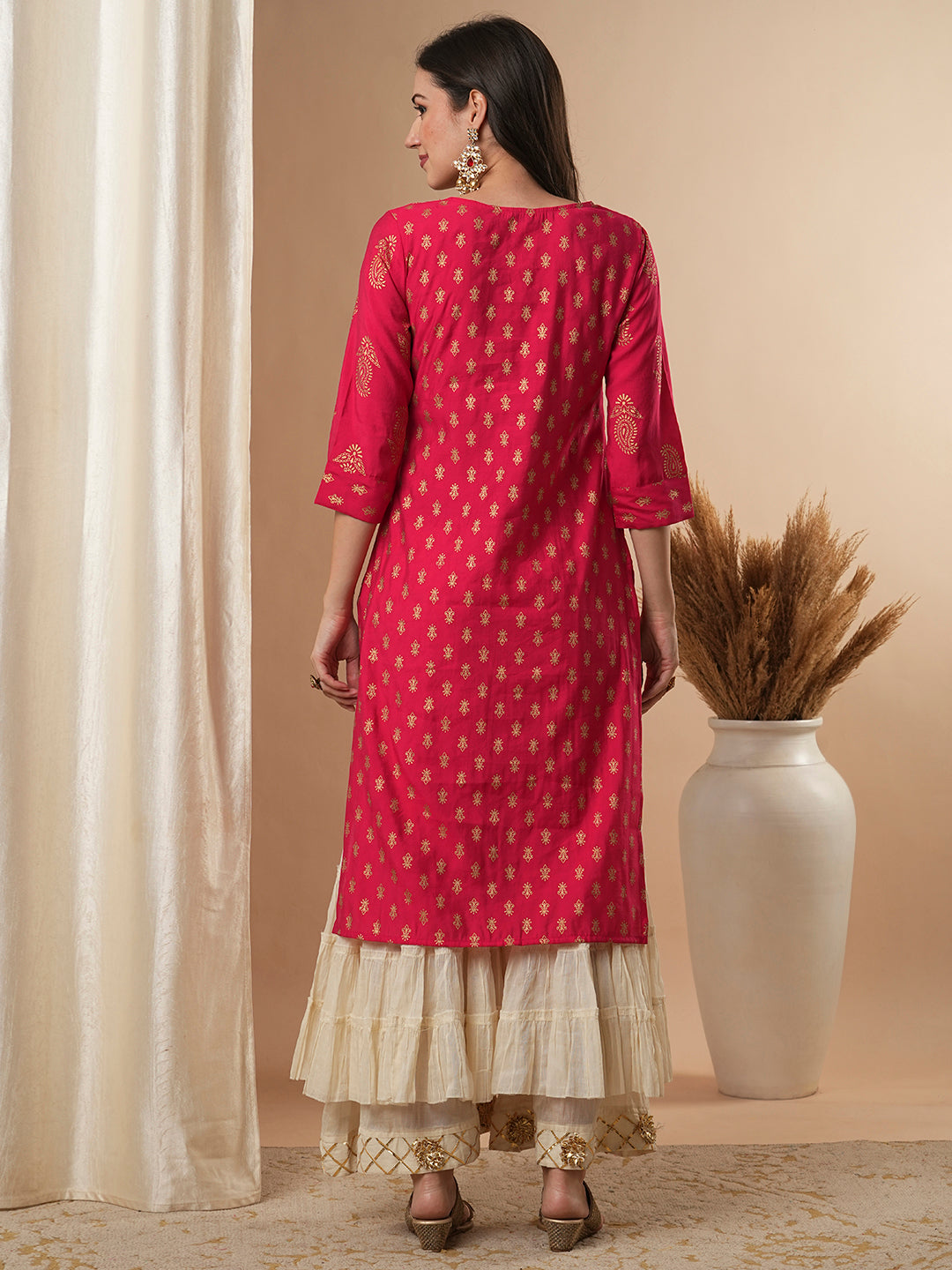 Ethnic Foil Printed Straight Fit Kurta - Pink