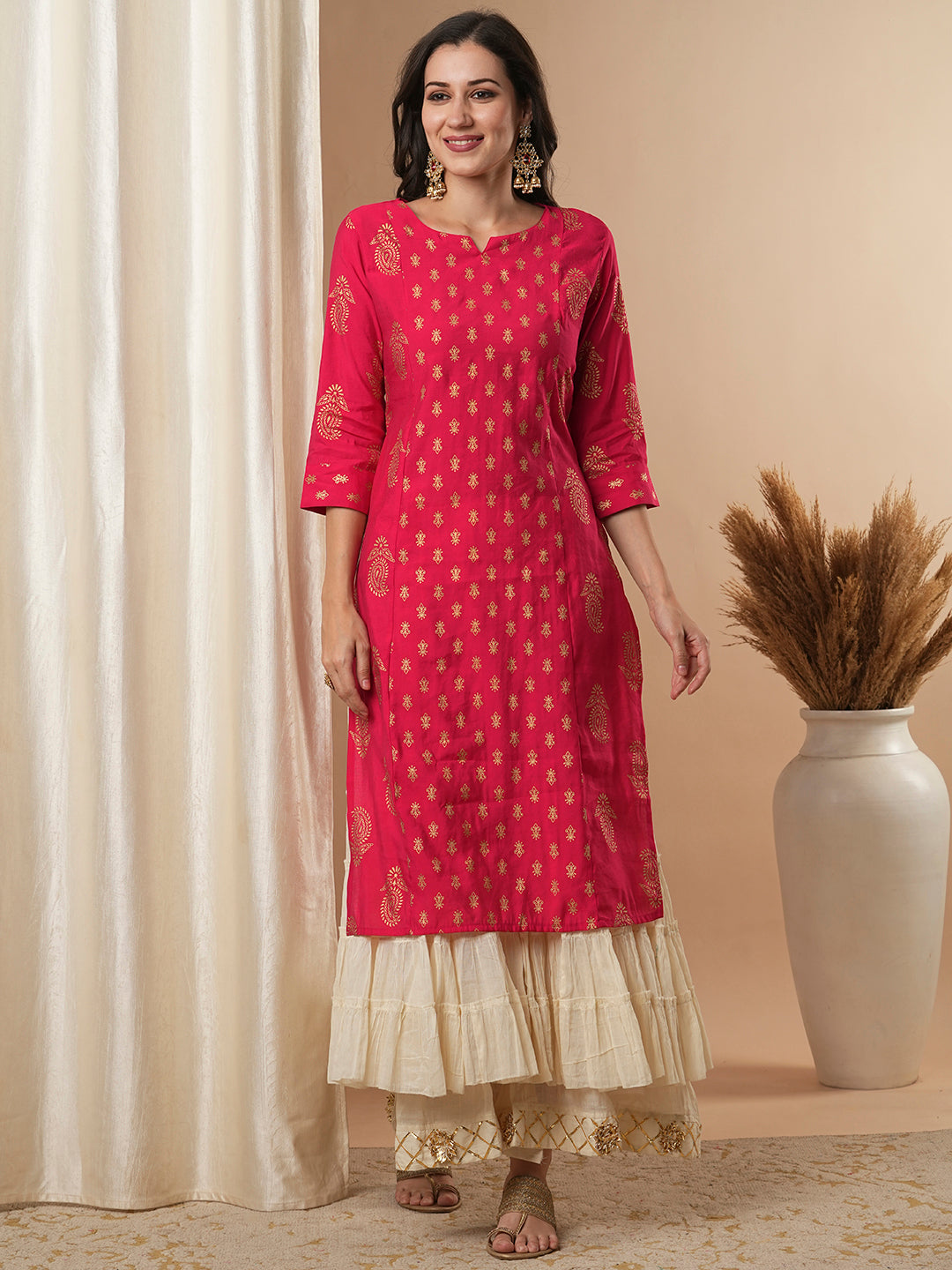 Ethnic Foil Printed Straight Fit Kurta - Pink