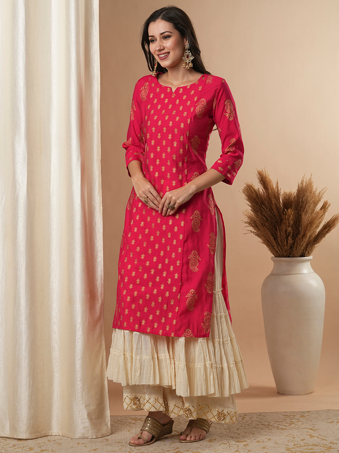 Ethnic Foil Printed Straight Fit Kurta - Pink