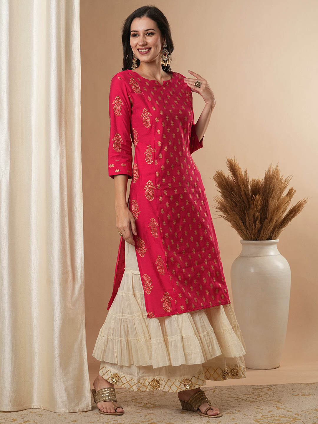 Ethnic Foil Printed Straight Fit Kurta - Pink