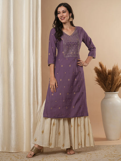 Ethnic Zari Embroidered Straight Fit Kurta - Lavender