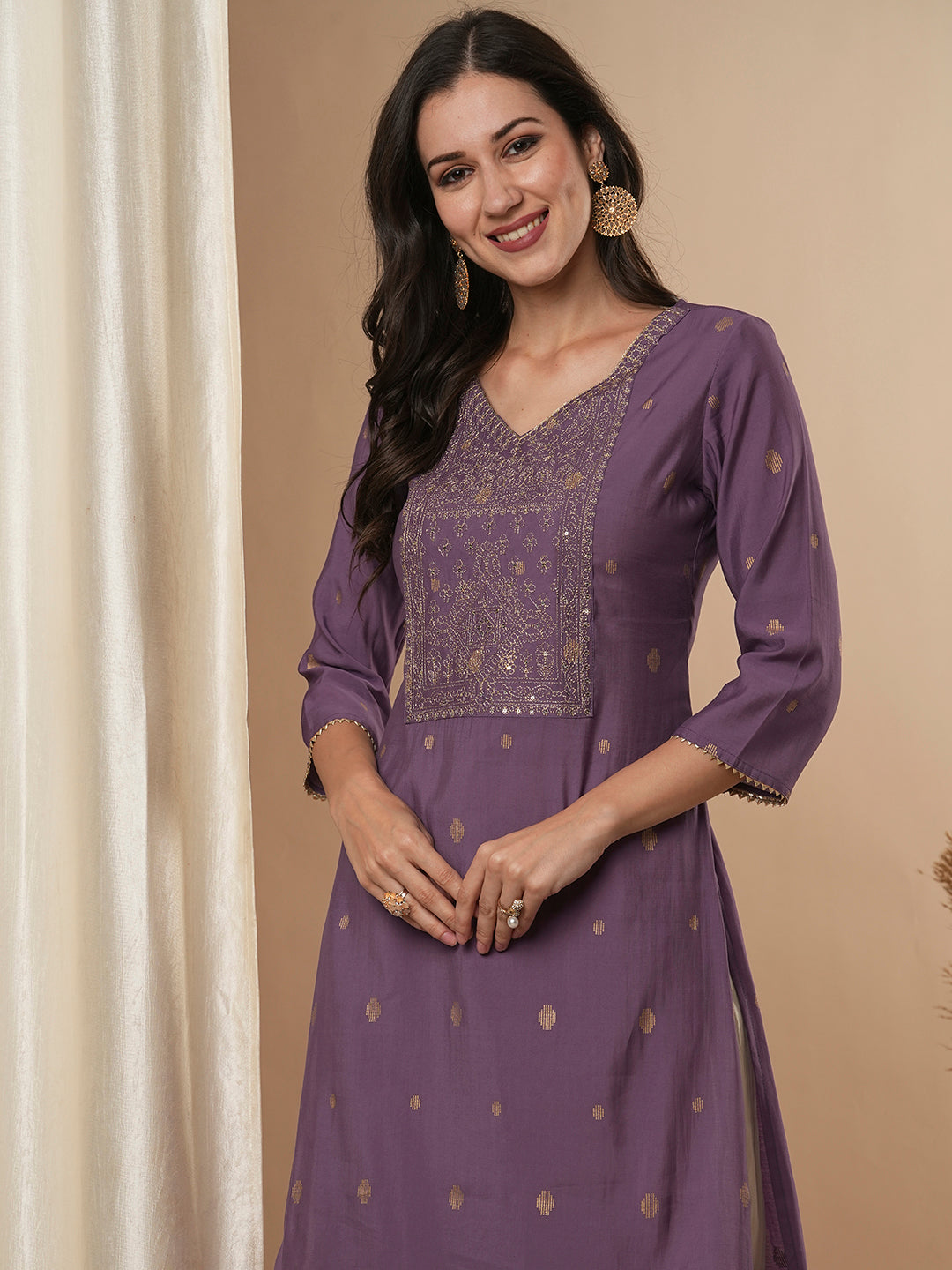 Ethnic Zari Embroidered Straight Fit Kurta - Lavender