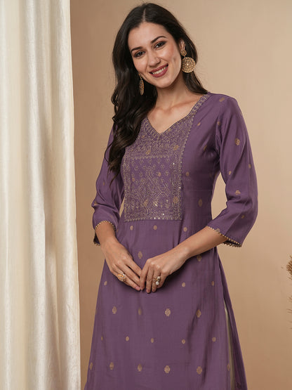 Ethnic Zari Embroidered Straight Fit Kurta - Lavender