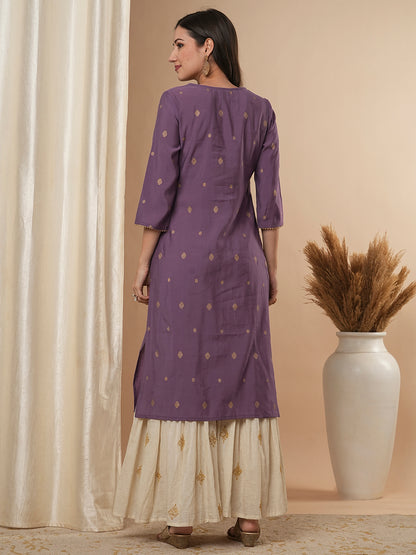 Ethnic Zari Embroidered Straight Fit Kurta - Lavender