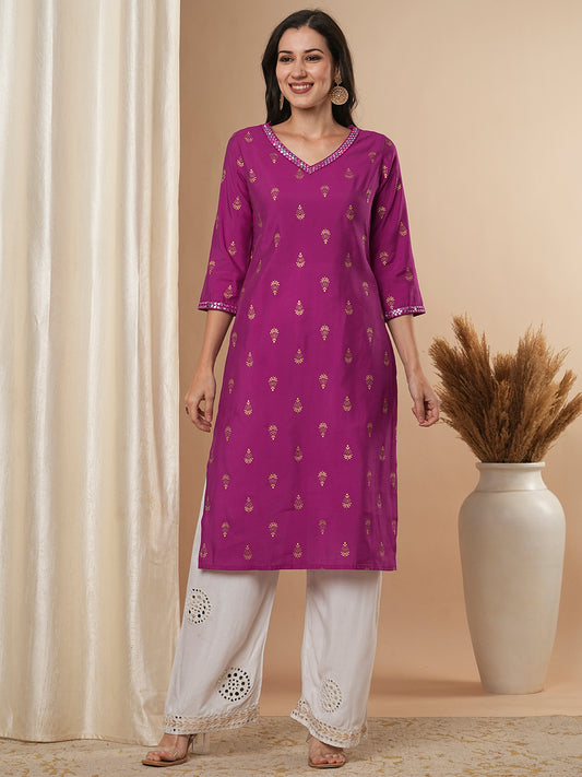 Ethnic Foil Floral Buti Printed & Mirror Embroidered Straight Fit Kurta - Purple