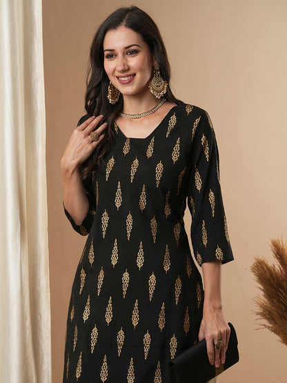 Ethnic Foil Floral Buti Printed Straight Fit Kurta - Black