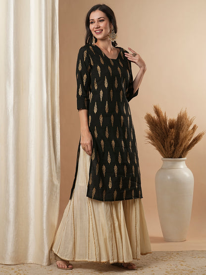 Ethnic Foil Floral Buti Printed Straight Fit Kurta - Black