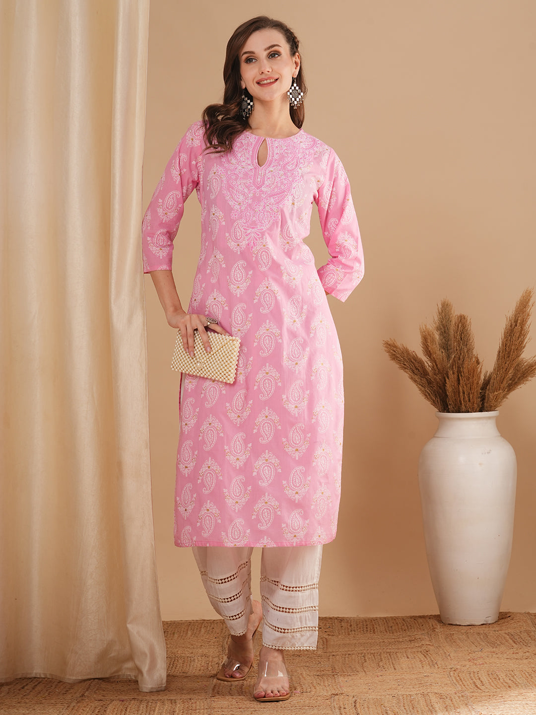 Ethnic Floral Printed & Embroidered Straight Fit Kurta - Pink