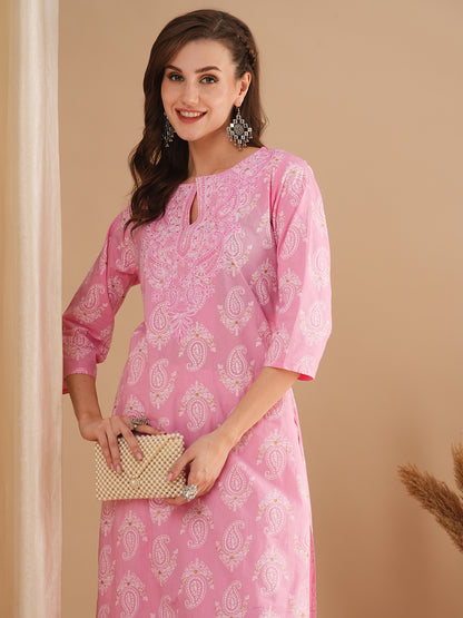 Ethnic Floral Printed & Embroidered Straight Fit Kurta - Pink