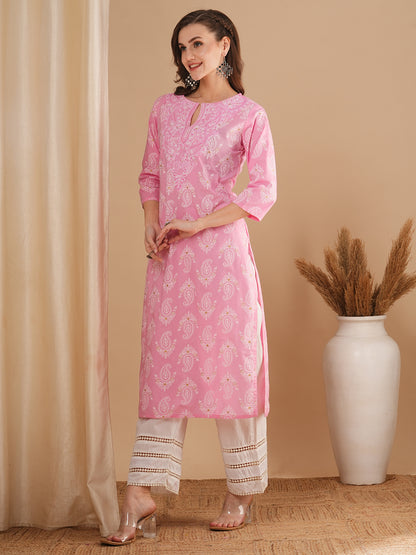 Ethnic Floral Printed & Embroidered Straight Fit Kurta - Pink