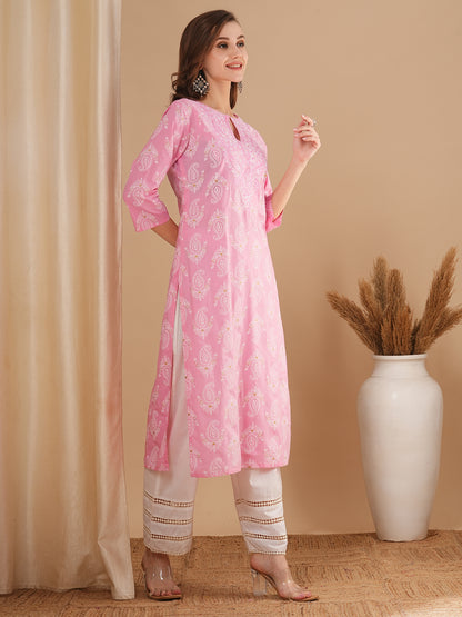 Ethnic Floral Printed & Embroidered Straight Fit Kurta - Pink