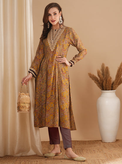 Ethnic Floral Printed & Embroidered A-Line Paneled Kurta - Mustard