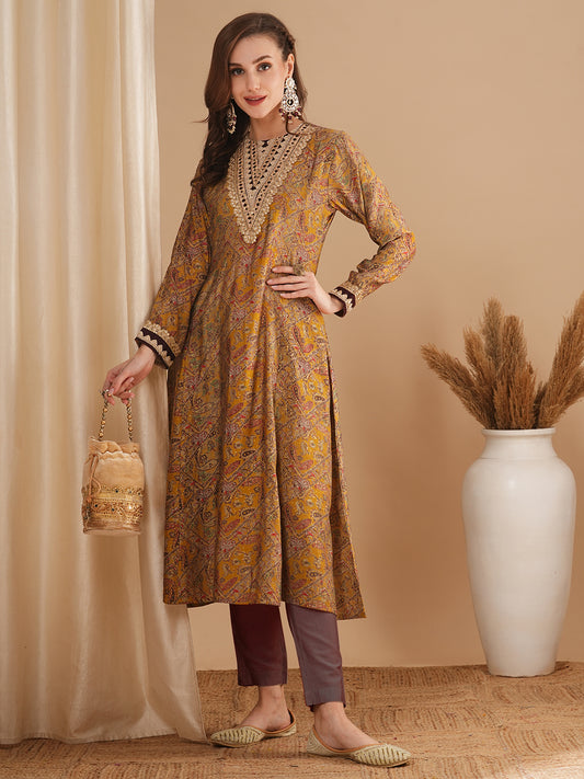 Ethnic Floral Printed & Embroidered A-Line Paneled Kurta - Mustard