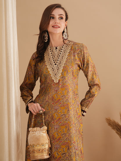 Ethnic Floral Printed & Embroidered A-Line Paneled Kurta - Mustard