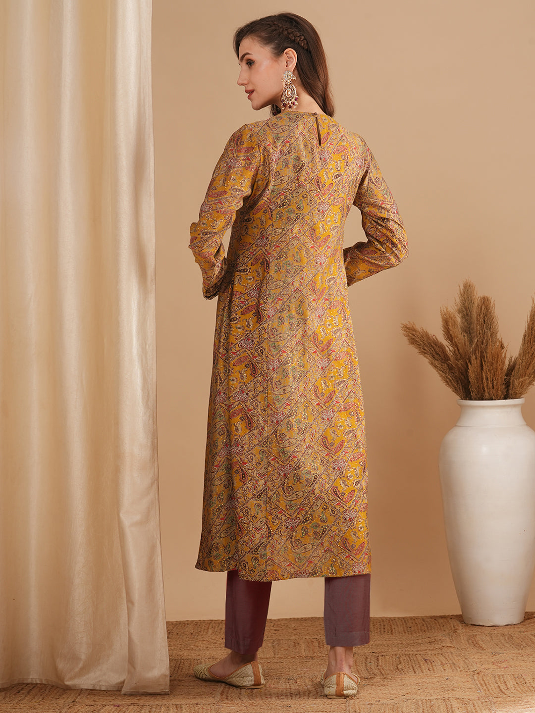 Ethnic Floral Printed & Embroidered A-Line Paneled Kurta - Mustard