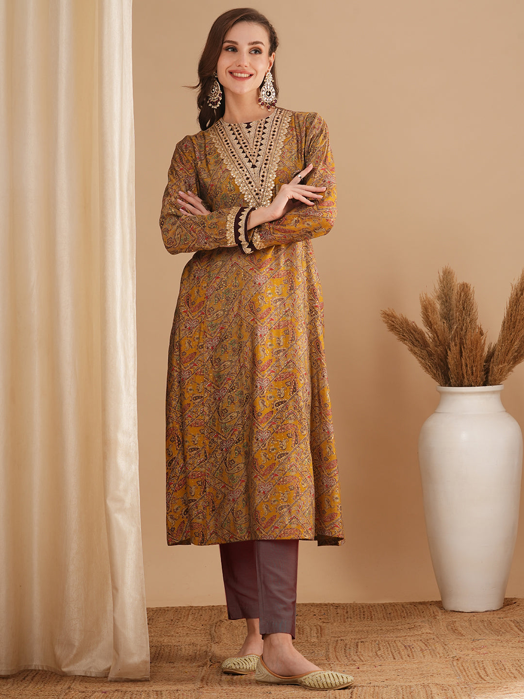 Ethnic Floral Printed & Embroidered A-Line Paneled Kurta - Mustard