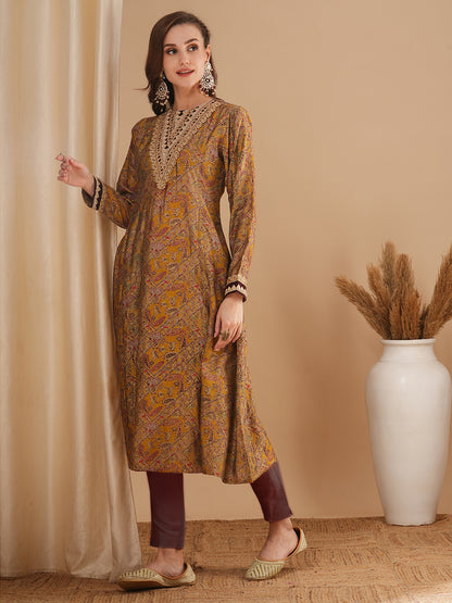 Ethnic Floral Printed & Embroidered A-Line Paneled Kurta - Mustard