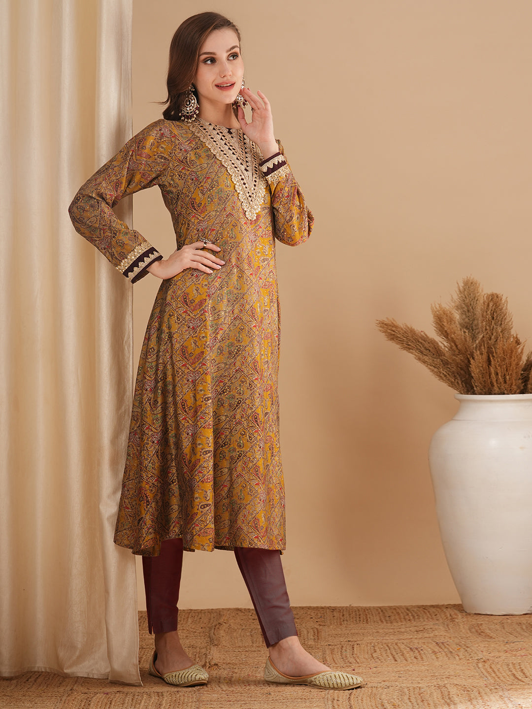 Ethnic Floral Printed & Embroidered A-Line Paneled Kurta - Mustard