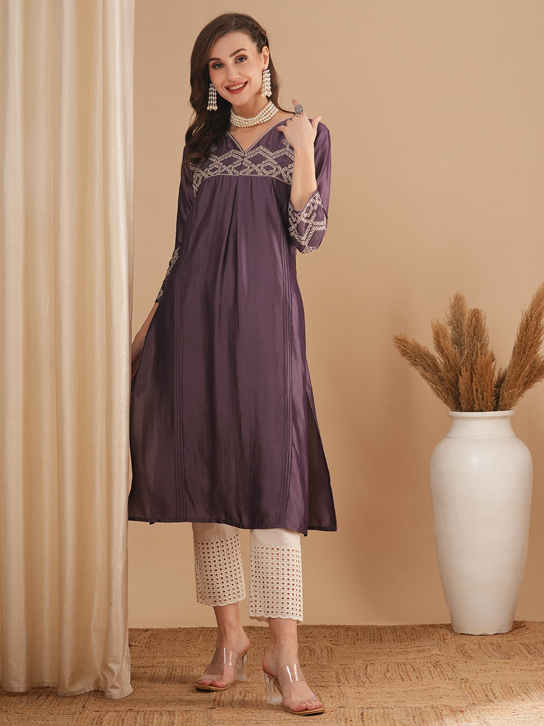 Ethnic Embroidered Straight Fit Kurta - Purple