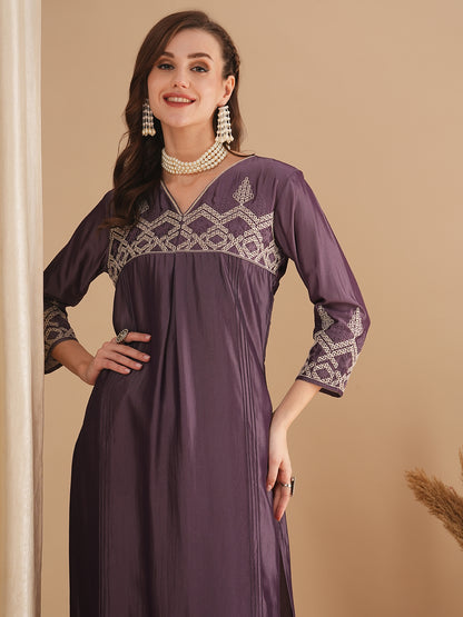 Ethnic Embroidered Straight Fit Kurta - Purple