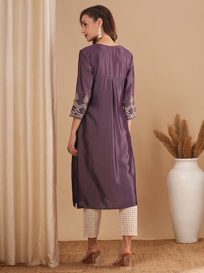 Ethnic Embroidered Straight Fit Kurta - Purple