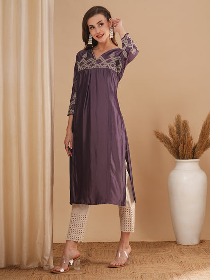 Ethnic Embroidered Straight Fit Kurta - Purple